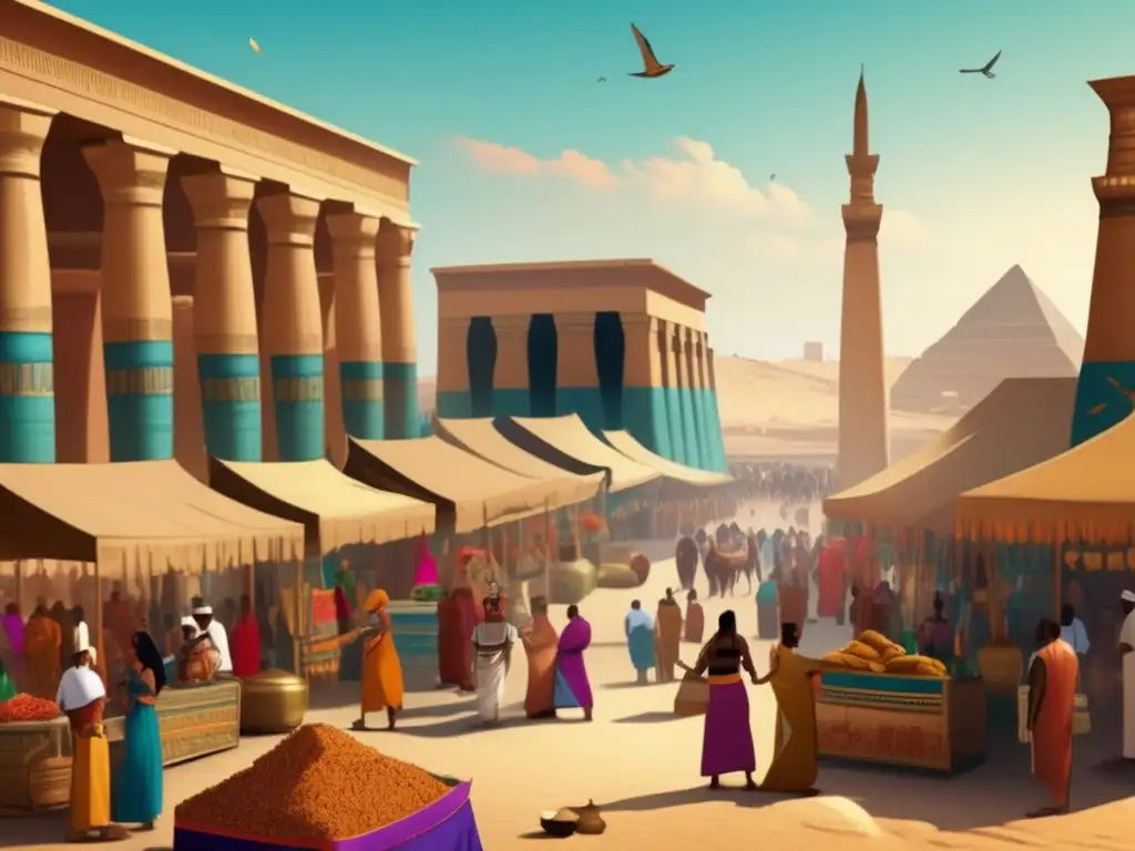 Un vibrante mercado egipcio en la antigua civilización, con telas coloridas, especias exóticas y cerámicas intrincadas