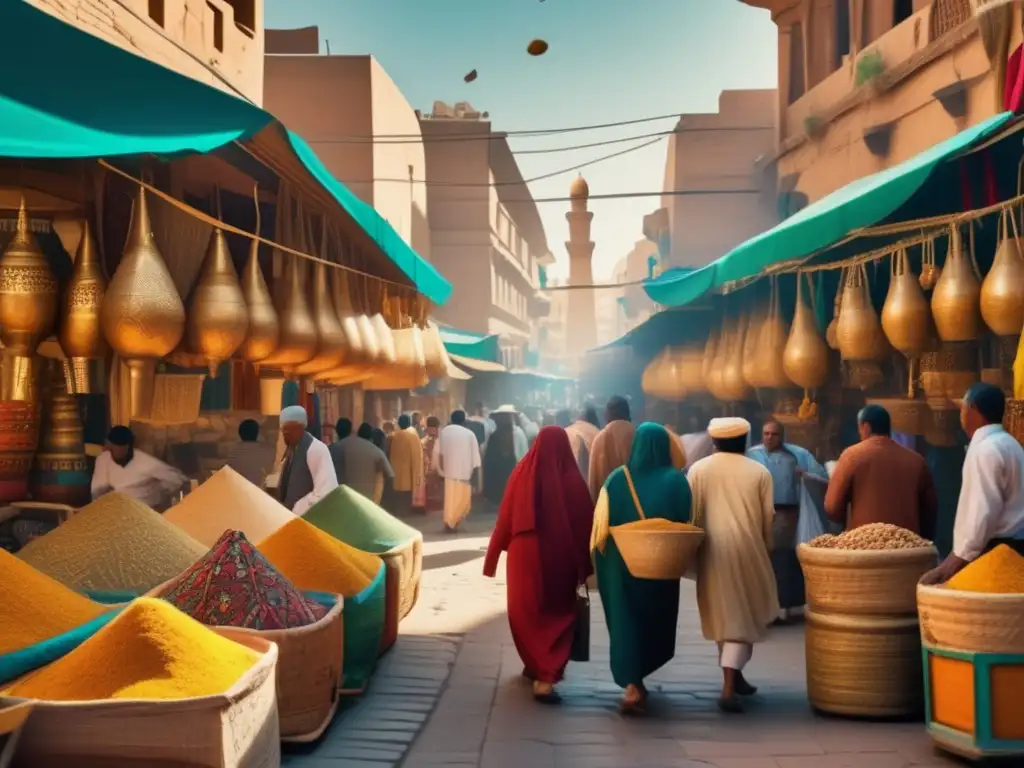 Un vibrante mercado egipcio en la antigüedad muestra el intercambio de ofrendas religiosas en Egipto, con coloridos puestos y una atmósfera nostálgica