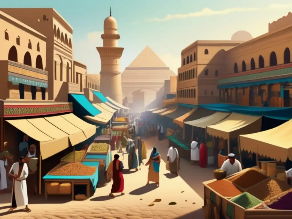 Vibrante mercado egipcio en la antigüedad con edificios de piedra tallada, toldos coloridos y una multitud bulliciosa
