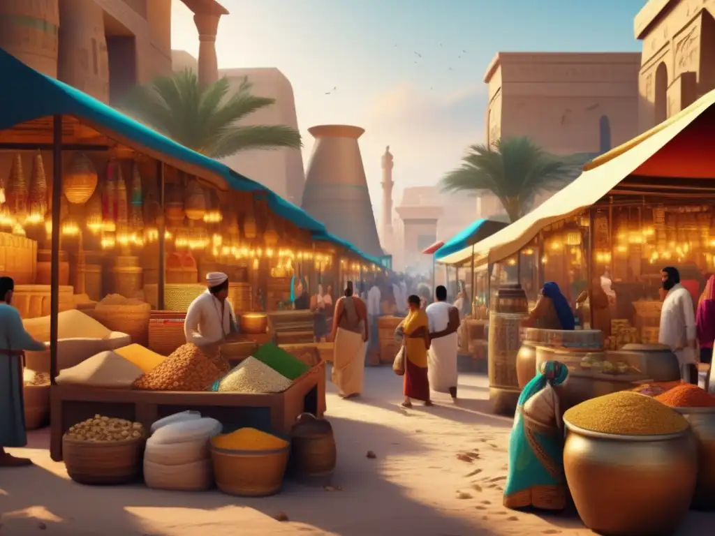 Vibrante mercado egipcio antiguo en 8k: colores, texturas y cultura exótica Un vibrante mercado egipcio en la antigüedad con colores y texturas detalladas
