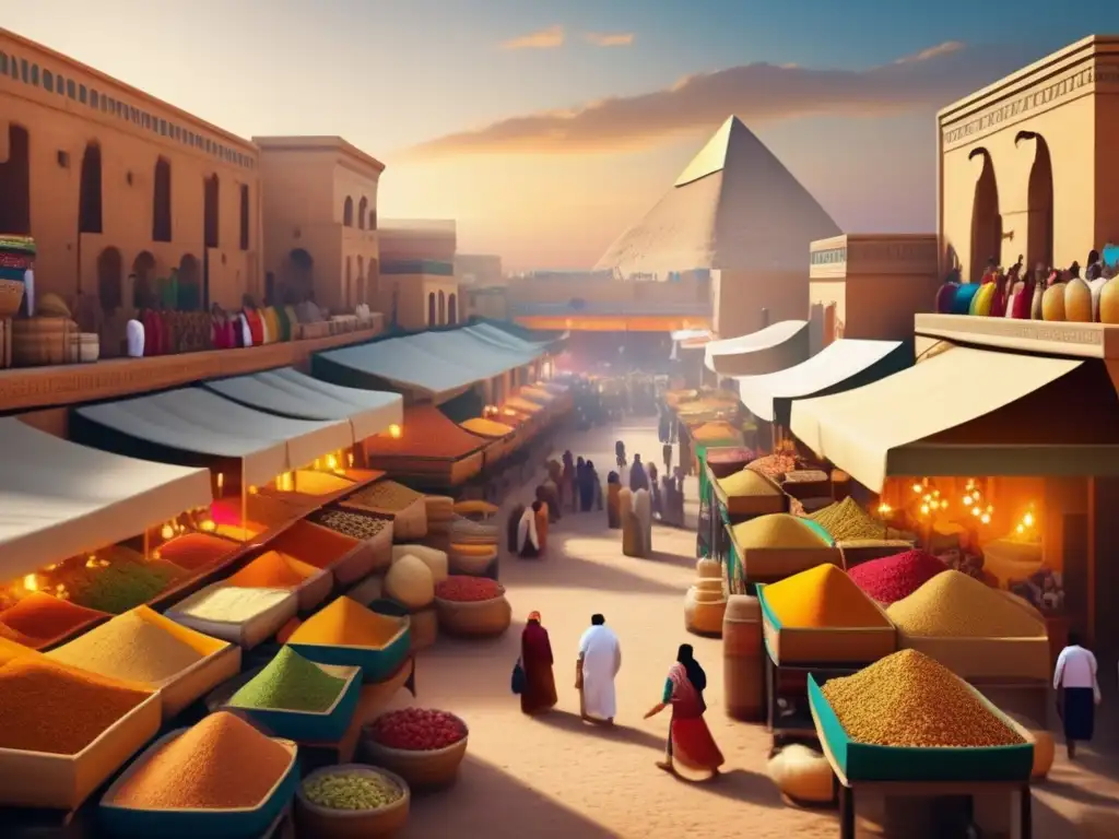 Mercado antiguo en Egipto: Vida y comercio en una imagen 8k ultradetallada Vibrante mercado egipcio en la antigüedad, donde la seguridad en el Antiguo Egipto se entrelaza con la vida diaria y el comercio animado