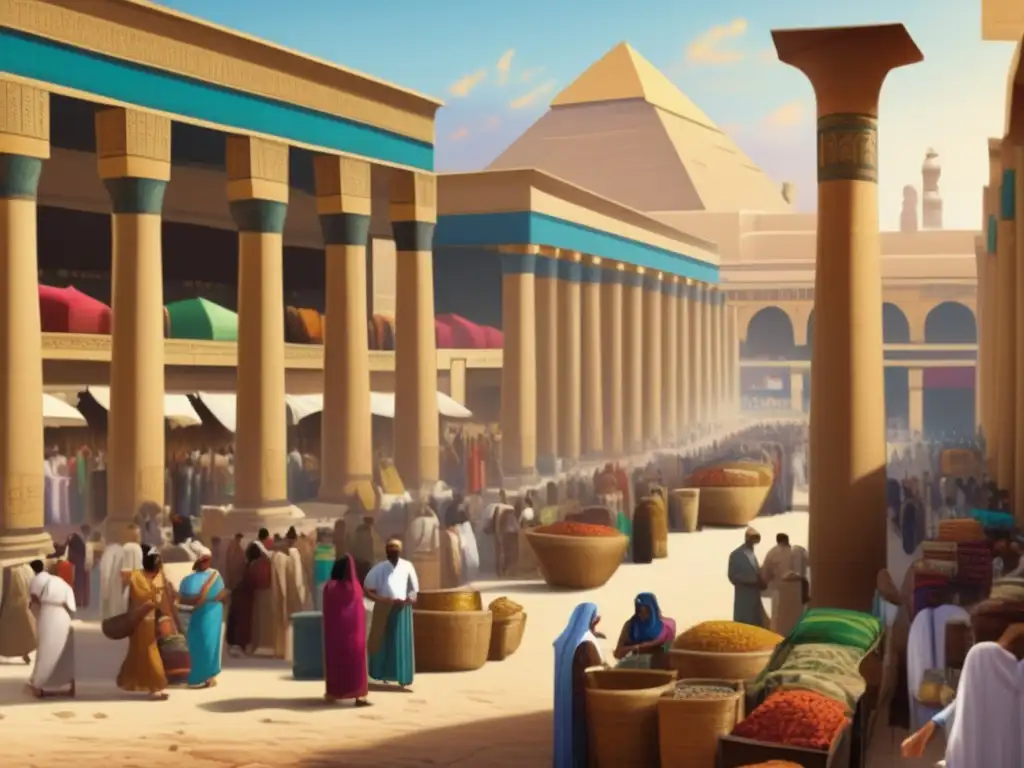 Un vibrante mercado egipcio en la antigüedad, con estands llenos de telas y alfombras