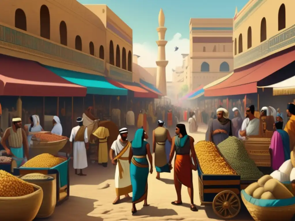Vibrante mercado egipcio antiguo, donde se comercian armas y suministros militares