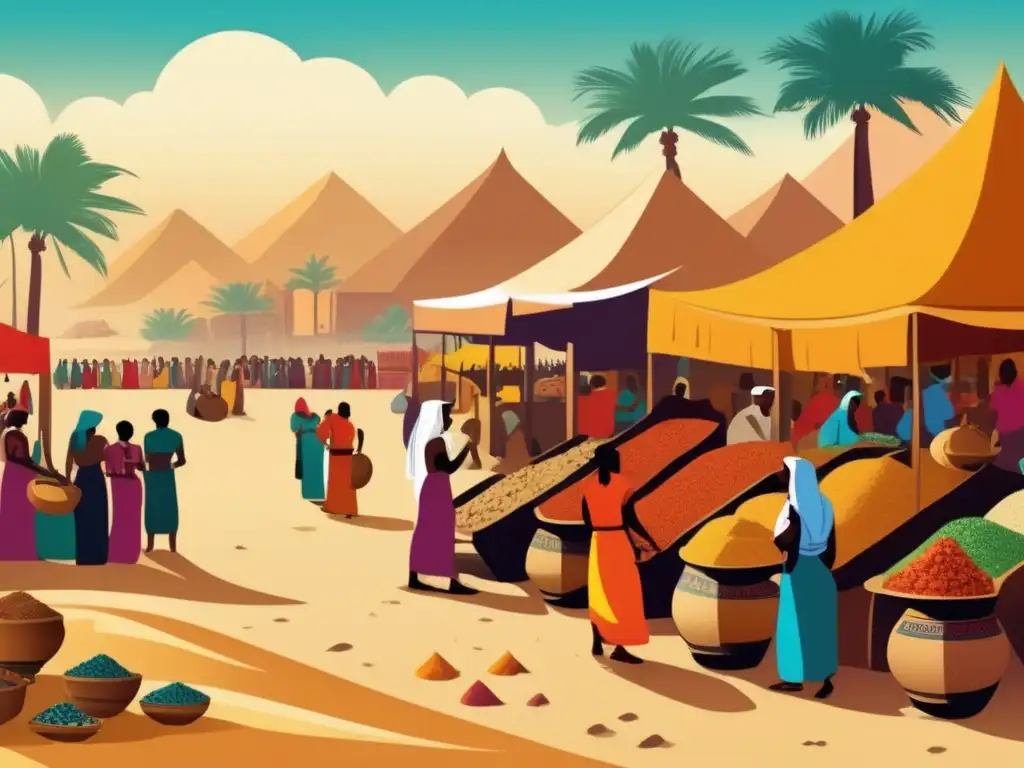 Un vibrante mercado egipcio antiguo, lleno de vida y especias exóticas
