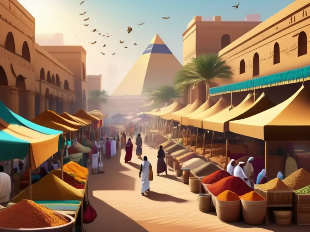 Un vibrante mercado egipcio antiguo, donde el comercio de especias en Egipto Antiguo cobra vida