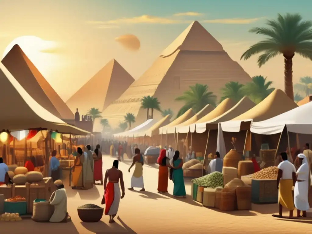 Vibrante mercado egipcio en el Antiguo Egipto, con jerarquía social evidente