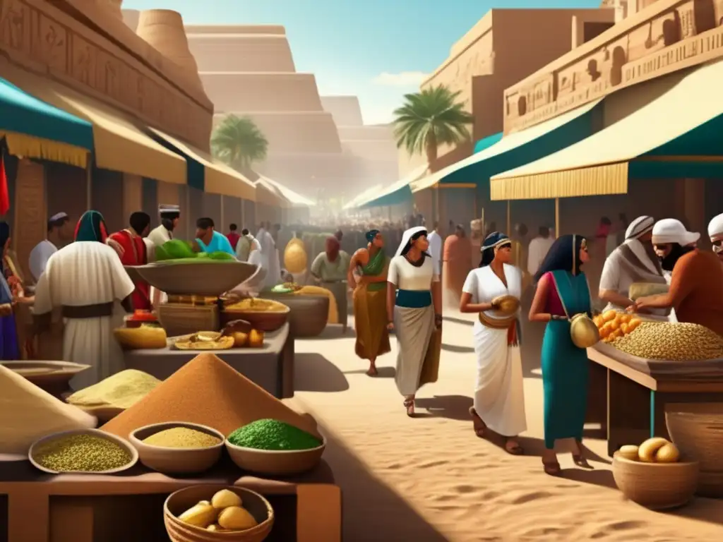 Vibrante mercado egipcio antiguo que refleja la influencia gastronómica del Antiguo Egipto en la cocina moderna