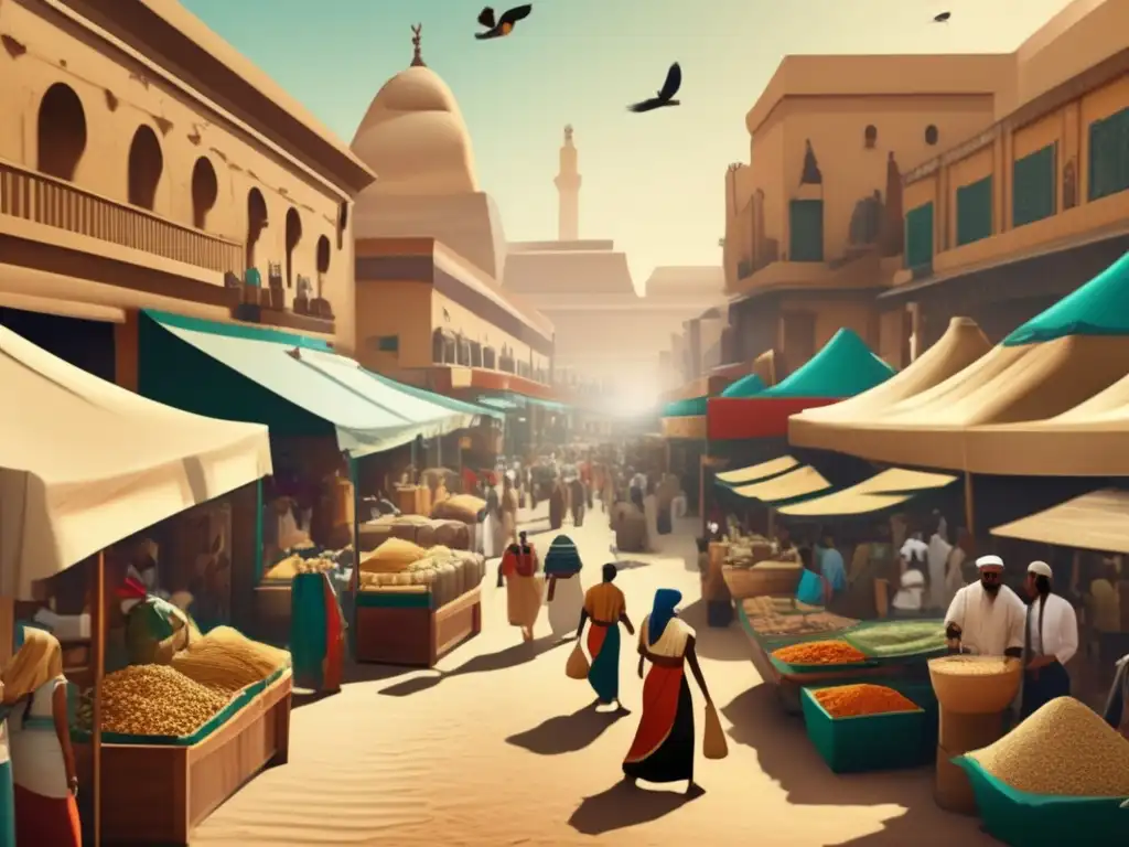 Un vibrante mercado egipcio antiguo con comercio y regulación comercio Antiguo Egipto, envuelto en tonos cálidos y nostalgia vintage