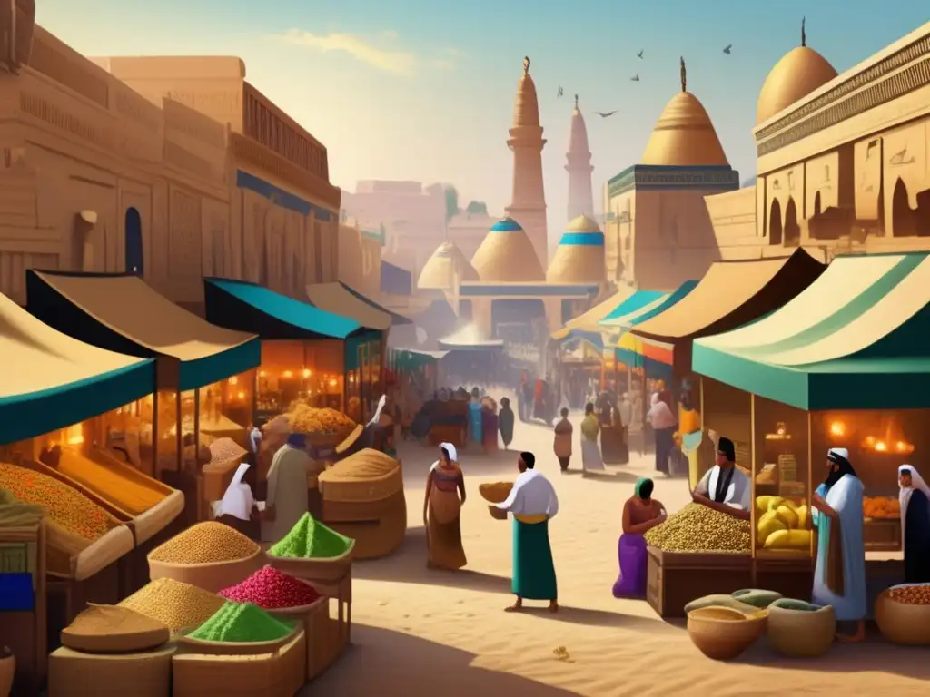 Un vibrante mercado egipcio antiguo muestra la influencia gastronómica en la cocina mediterránea