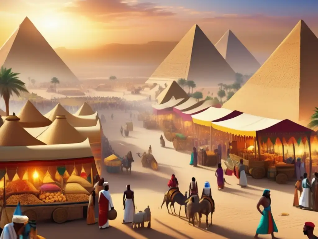 Vibrante mercado egipcio antiguo frente a majestuosas pirámides