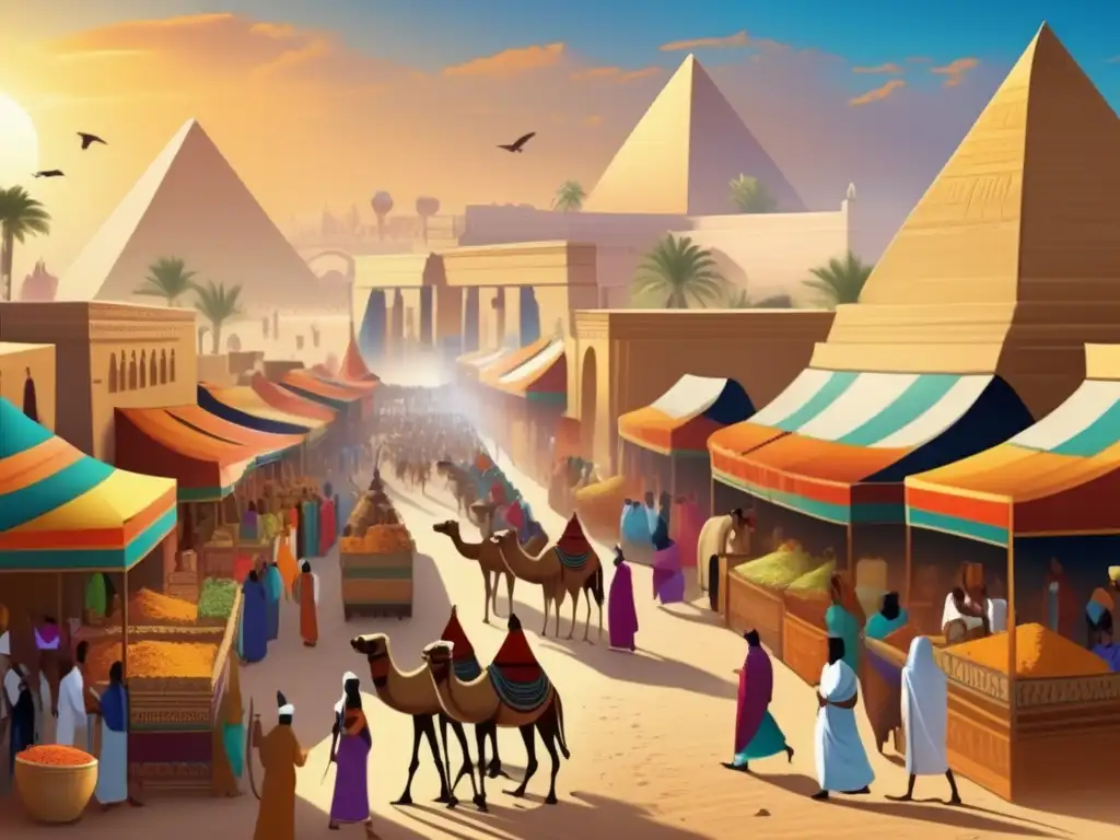 Vibrante mercado egipcio antiguo lleno de comerciantes, camellos cargados de mercancías y colores vibrantes