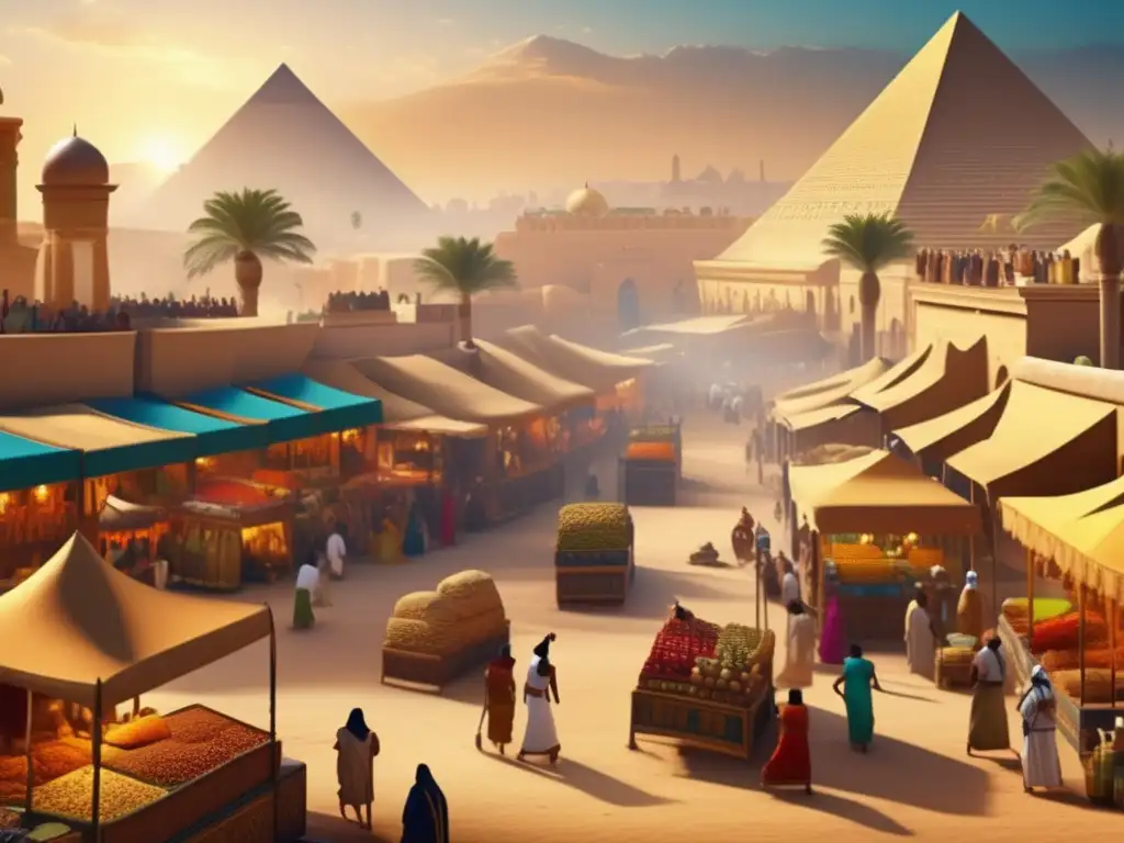 Vibrante mercado egipcio antiguo, con exportaciones inusuales de Egipto Antiguo