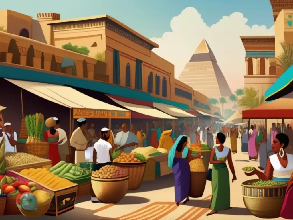 Un vibrante mercado egipcio antiguo muestra una dieta y salud diversa, con exóticas frutas, verduras y especias