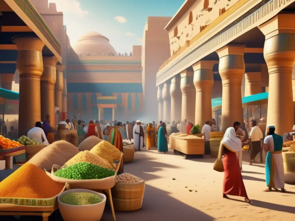 Un vibrante mercado egipcio antiguo, con alimentos frescos y coloridos