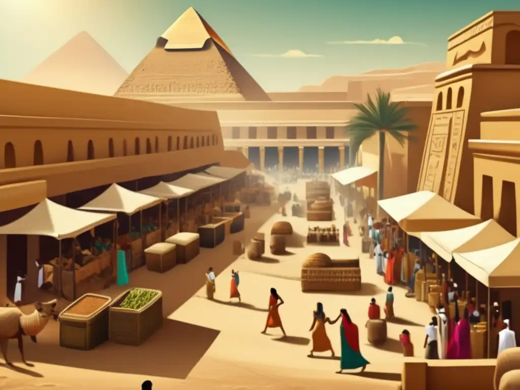 Un vibrante mercado egipcio en el antiguo Egipto, con una diversidad lingüística y cultural resplandeciente a lo largo del Nilo