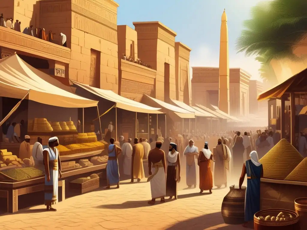 Un vibrante mercado egipcio antiguo, lleno de artesanos y un paisaje de edificios de arenisca con jeroglíficos