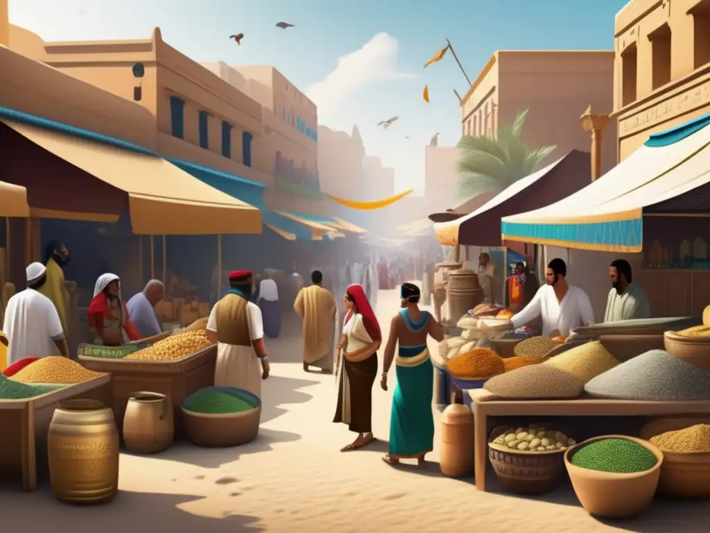 Vibrante mercado egipcio antiguo, reflejo de su economía