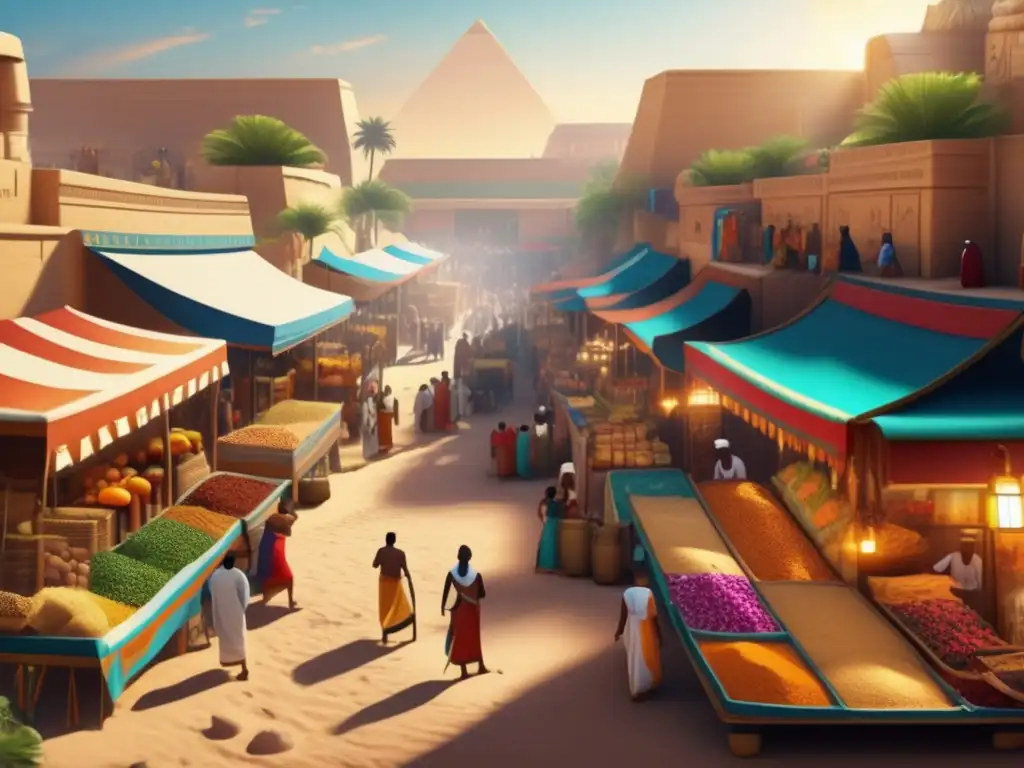 Vibrante mercado egipcio antiguo, con intercambios comerciales que impactaron la dieta egipcia