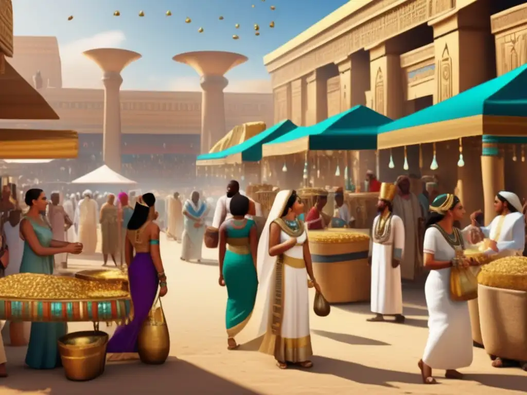 Un vibrante mercado egipcio antiguo, con vestimentas y clase social en Egipto, donde las telas y colores exóticos cautivan los sentidos