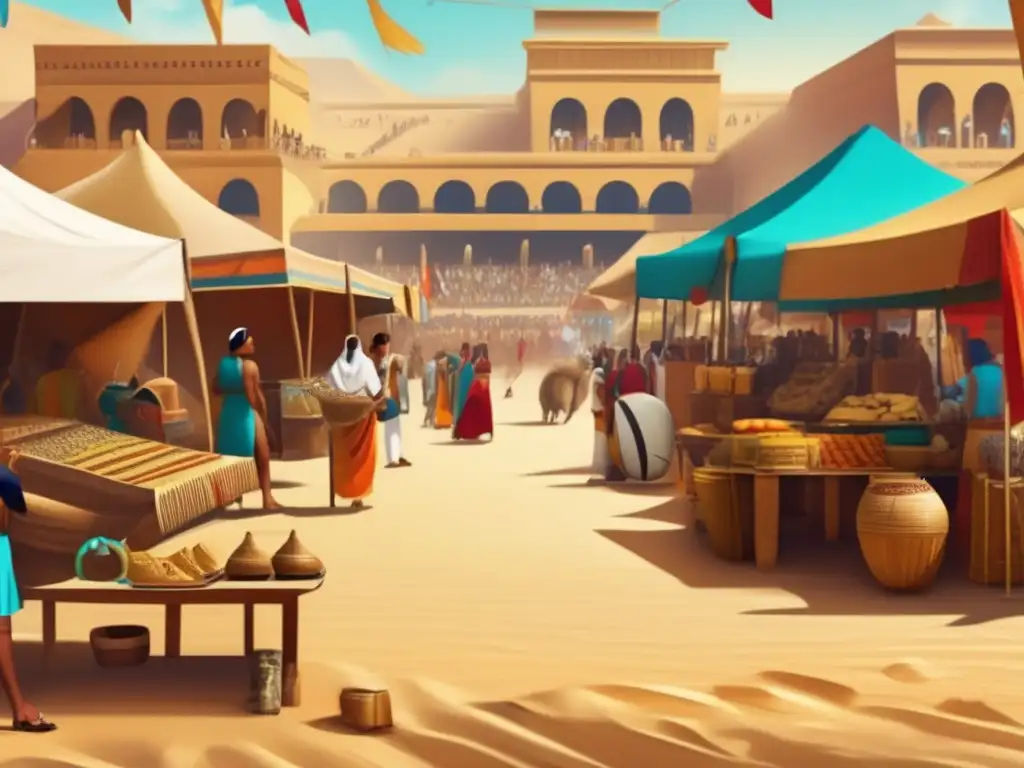 Un vibrante mercado egipcio antiguo lleno de juegos y competencias físicas en el antiguo Egipto