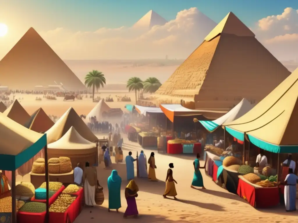 Un vibrante mercado egipcio antiguo, donde la logística del armamento era crucial para la guerra