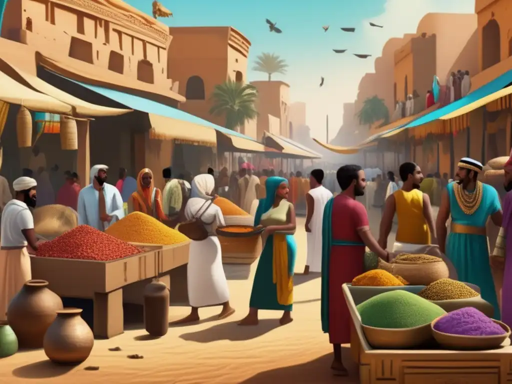 Un vibrante mercado egipcio del comercio de esclavos, con una escena detallada llena de colores y texturas