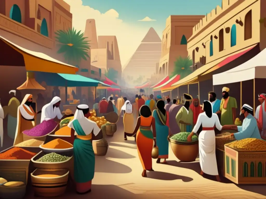 Vibrante mercado egipcio con condimento egipcio garum en arqueología