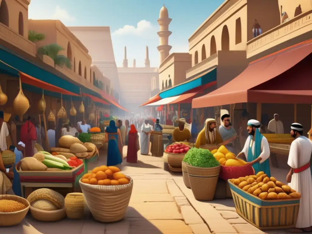 Vibrante mercado egipcio del Imperio Antiguo, donde las costumbres de la vida cotidiana cobran vida