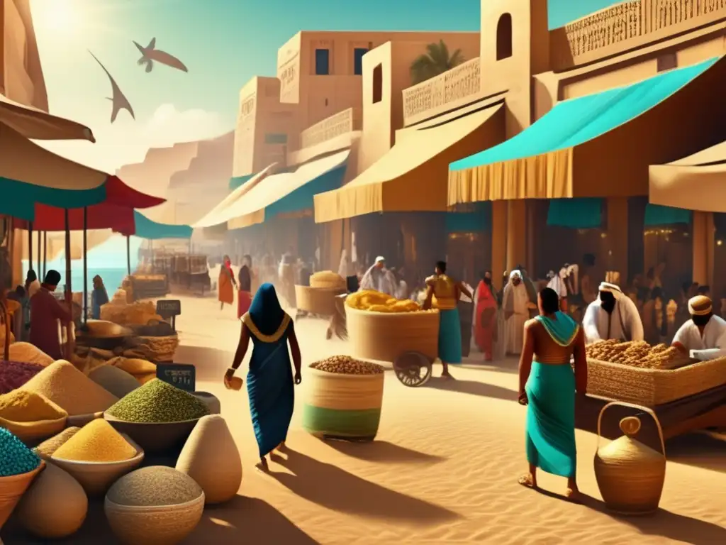 Vibrante mercado egipcio en el Imperio Nuevo, reflejando el impacto de las invasiones de los Pueblos del Mar