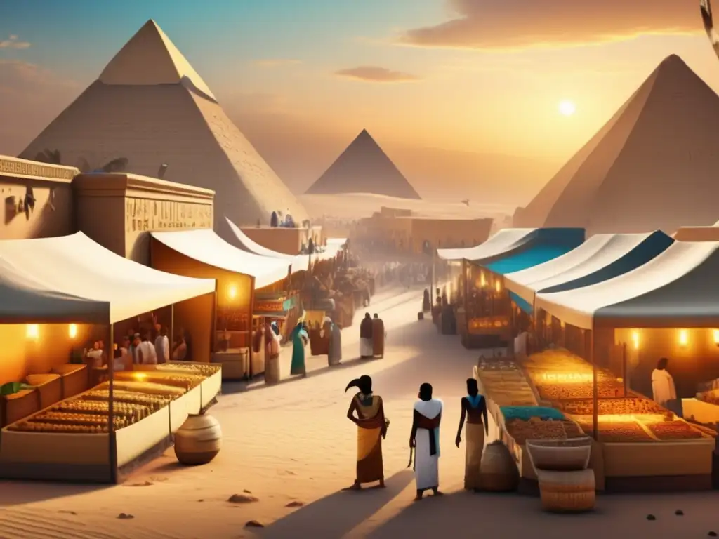 Vibrante mercado egipcio con las majestuosas pirámides de fondo