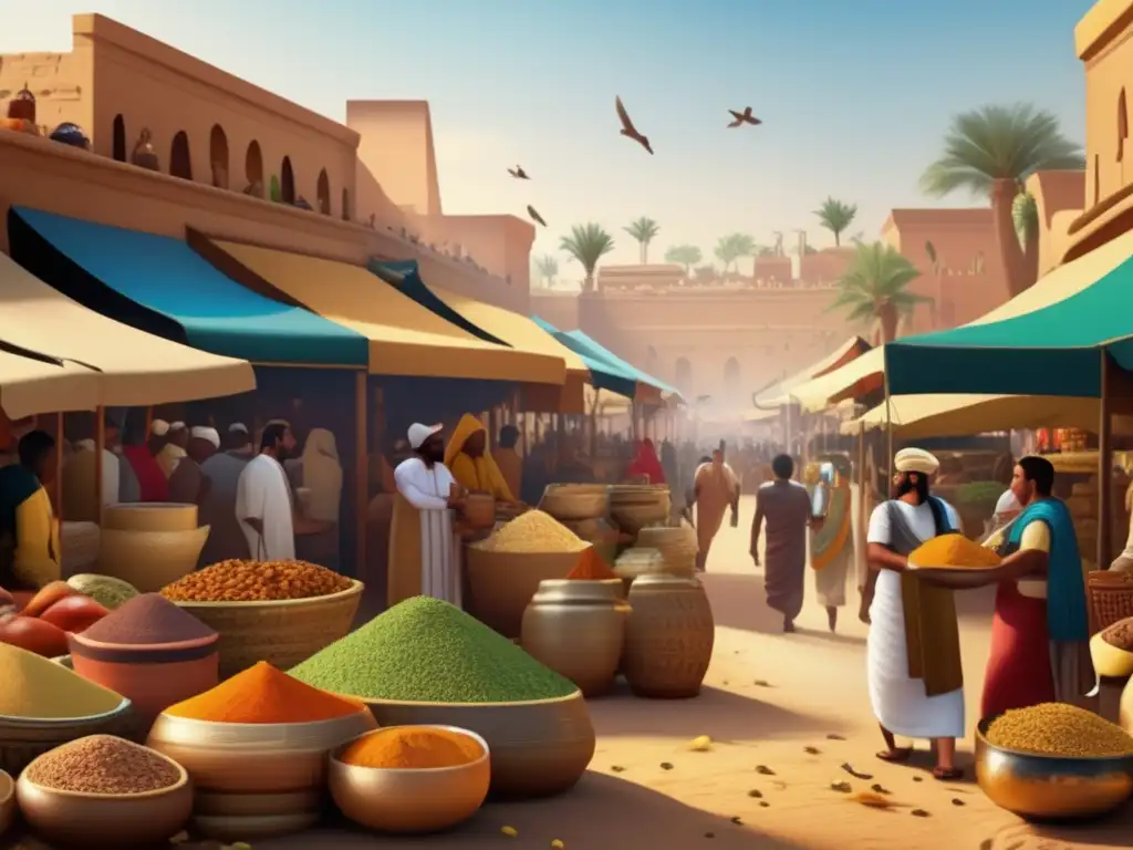 Vibrante mercado egipcio, con mercaderes intercambiando especias, frutas y verduras