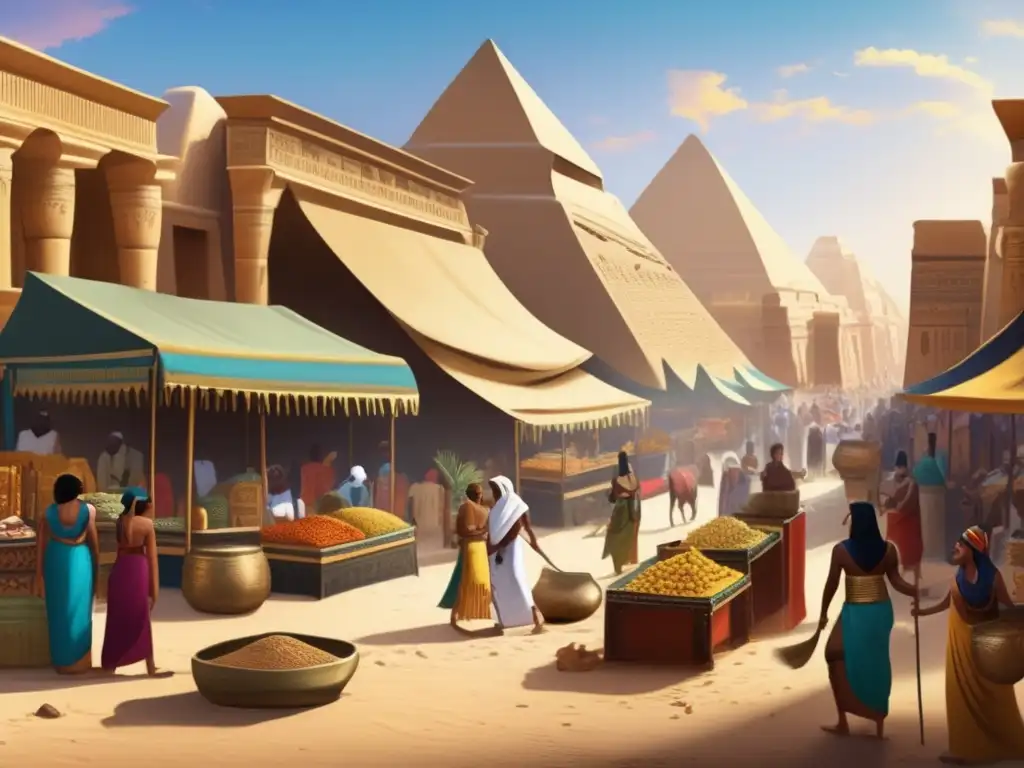 Vibrante mercado egipcio, donde se intercambian ofrendas religiosas