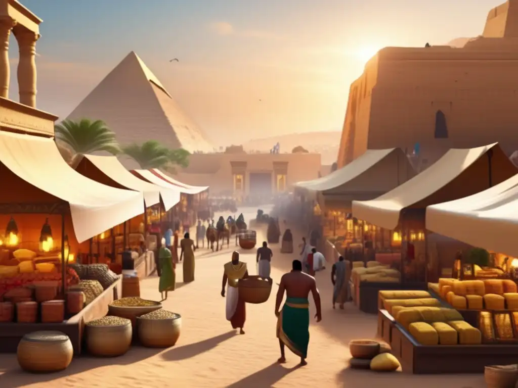 Vibrante mercado egipcio del Periodo Tardío: nobleza, comerciantes y colores exóticos en una escena de economía antigua