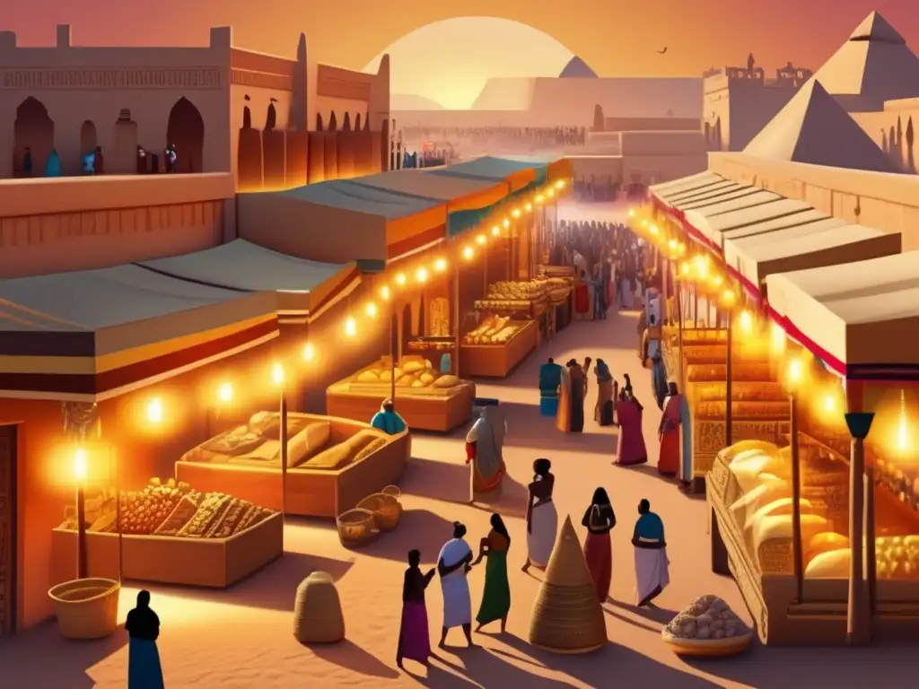 Vibrante mercado egipcio en Punt, con importaciones exóticas de la civilización, bajo un atardecer cálido y nostálgico