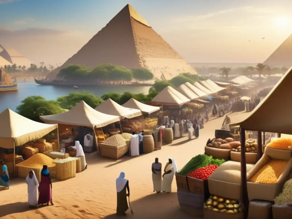 Vibrante mercado egipcio en las sombras de las pirámides y el río Nilo, donde el comercio y la agricultura florecen en el antiguo Egipto