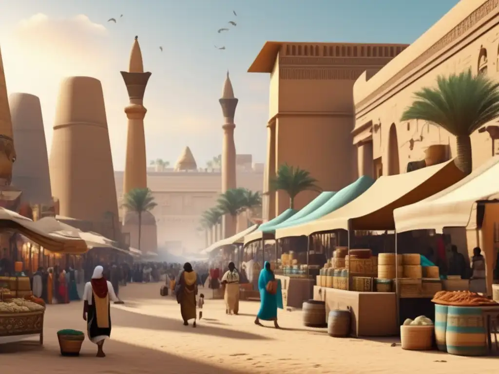 Vibrante mercado egipcio en el Tercer Periodo Intermedio: arquitectura antigua, comercio animado y riqueza en el aire