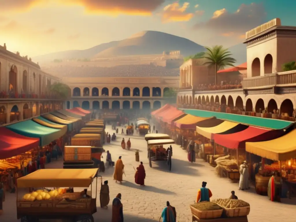 Vibrante mercado del Imperio Antiguo, donde comerciantes de diversas regiones intercambian bienes en un entorno histórico y colorido