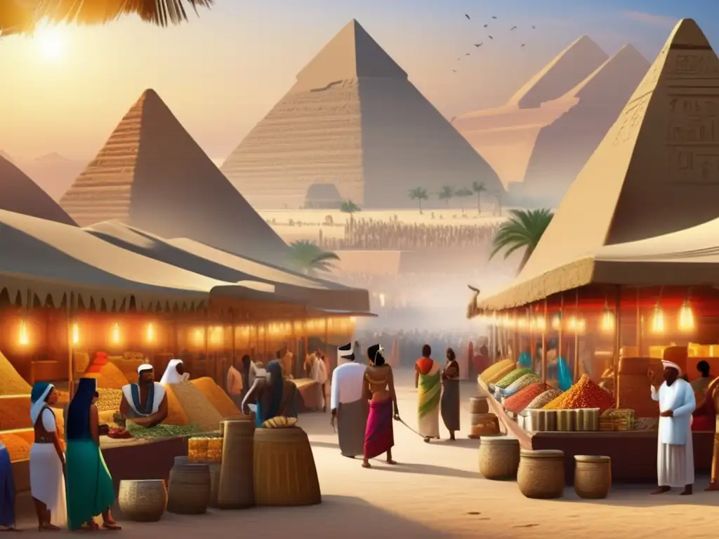 Vibrante mercado en el Imperio Antiguo de Egipto, con pirámides de fondo