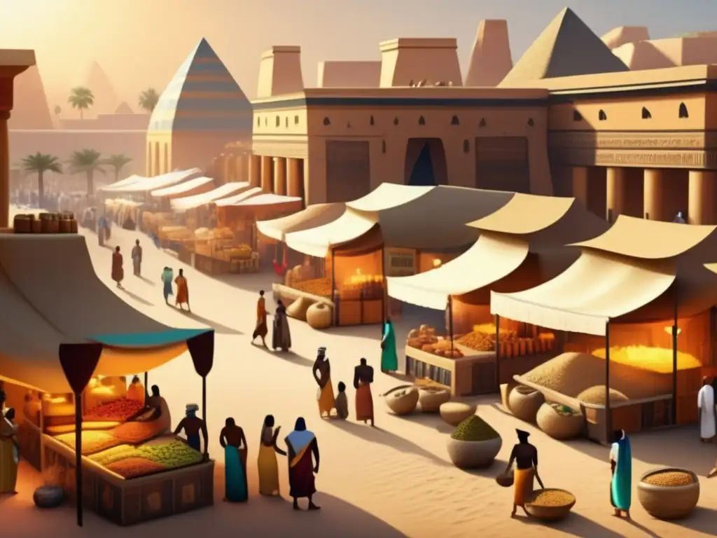 Vibrante mercado del Imperio Medio de Egipto, reflejando la dinámica social de la época