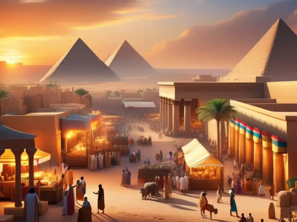 Vibrante mercado en el Imperio Nuevo de Egipto, reflejando la opulenta economía y el comercio diverso del período