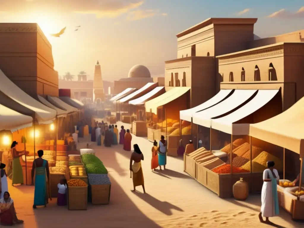 Un vibrante mercado del Imperio Nuevo de Egipto, bañado por la cálida luz dorada