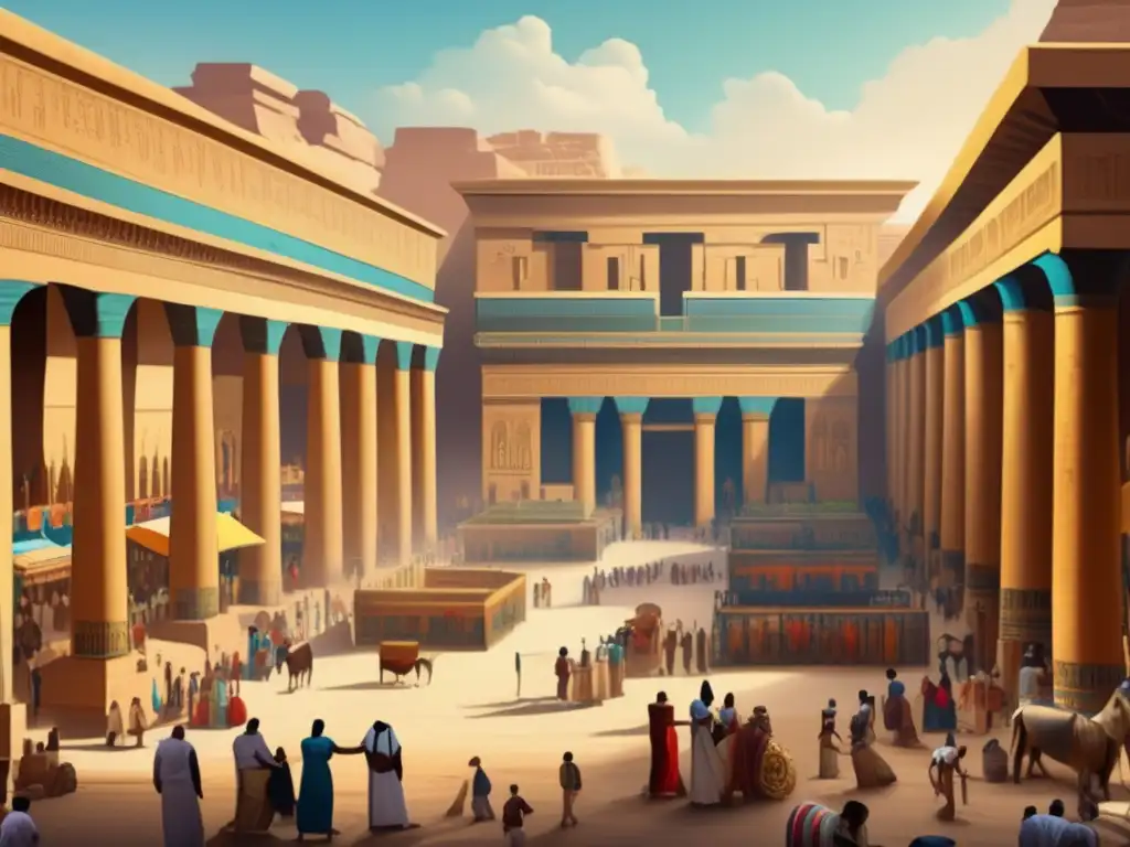 Vibrante mercado en un majestuoso templo egipcio, símbolo de la economía de los templos en Egipto