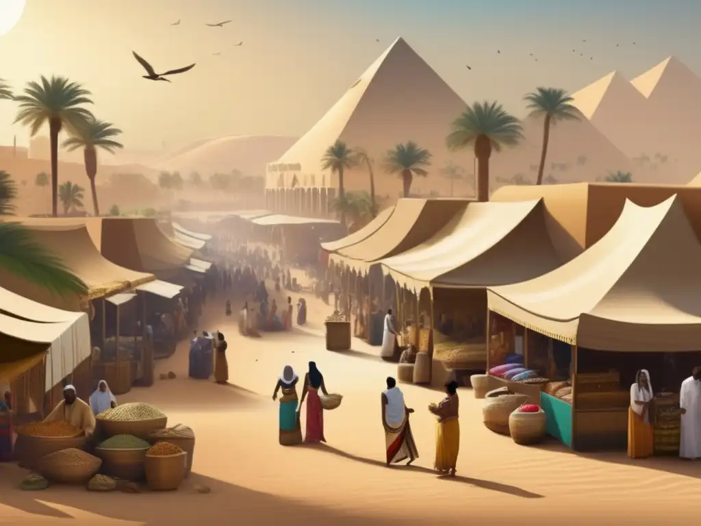 Vibrante mercado en Punt, antiguo Egipto: intercambio cultural y relaciones comerciales con textiles y arquitectura únicas