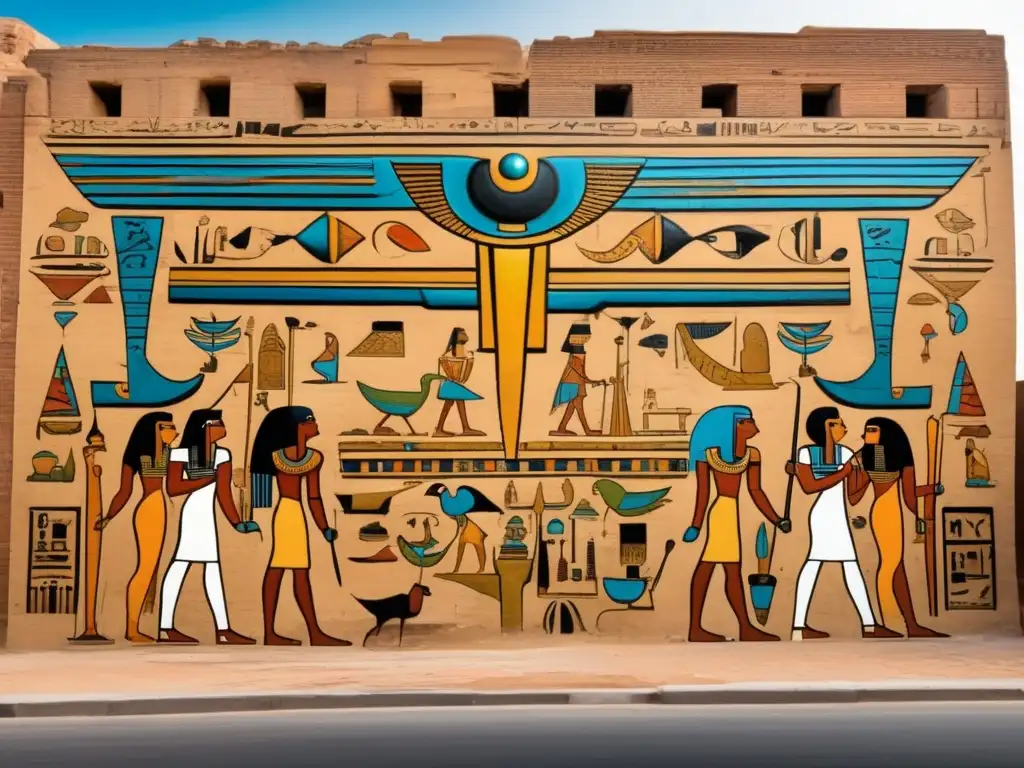 Un vibrante mural callejero con símbolos y motivos del Antiguo Egipto