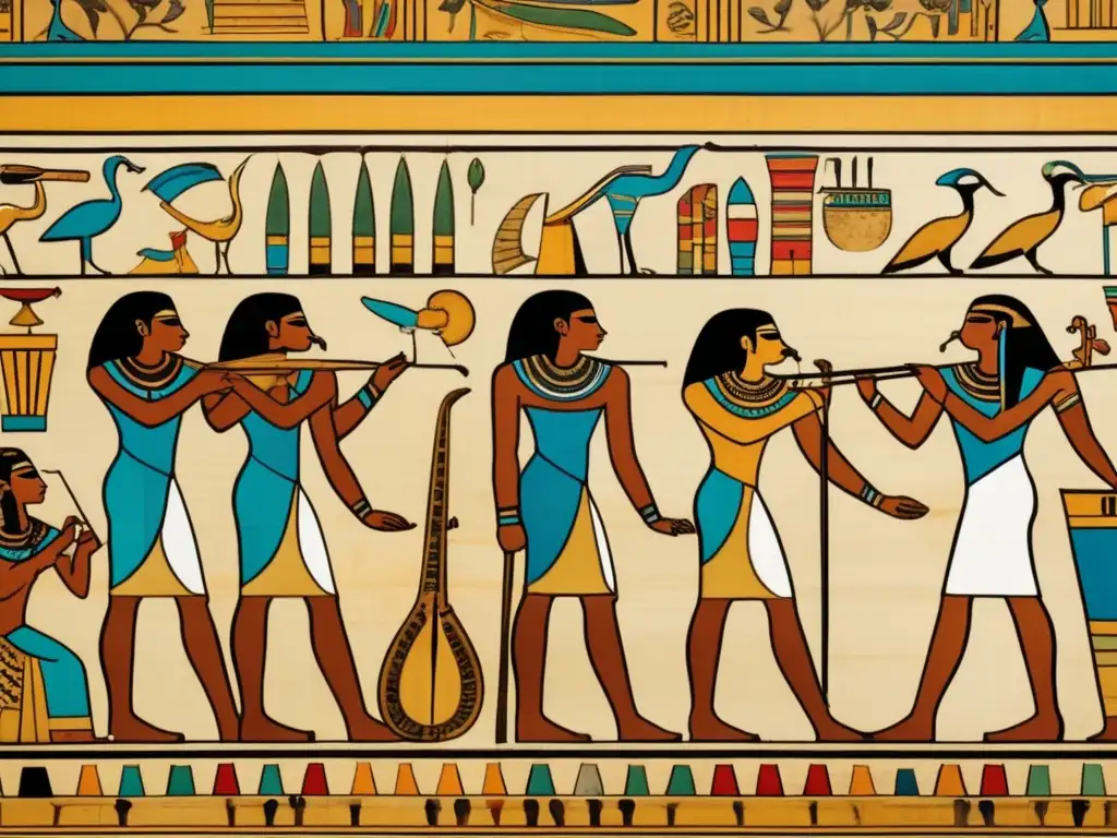 Vibrante mural egipcio que muestra manifestaciones artísticas del Antiguo Egipto en el Periodo Intermedio