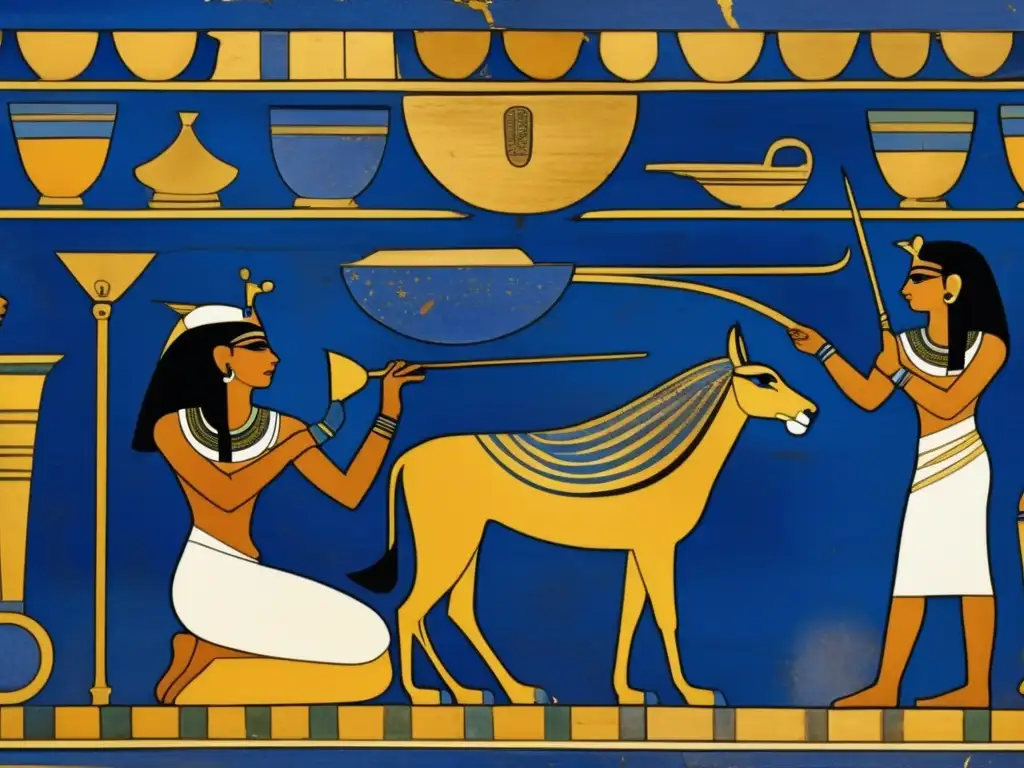 Vibrante mural egipcio muestra el significado del lapislázuli en la pintura, con artesanos detallados mezclando el precioso pigmento azul