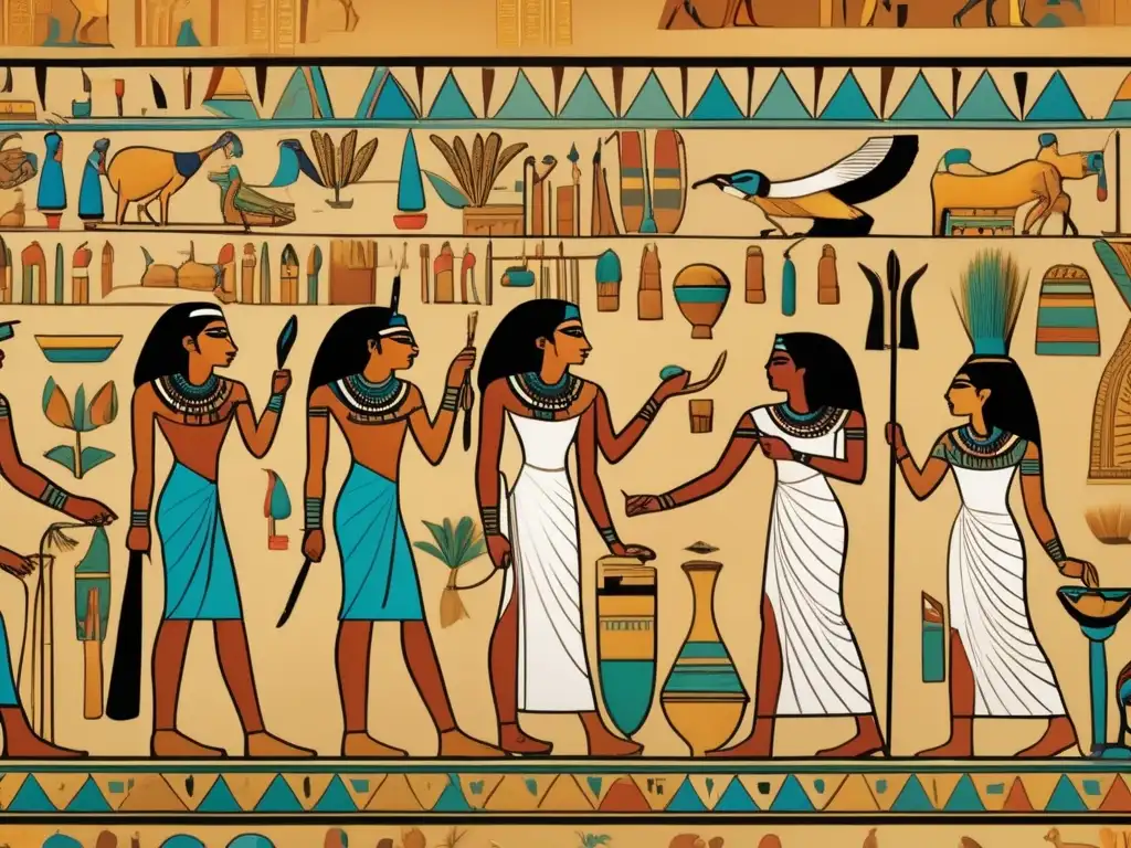 Vibrante mural egipcio en 8k, muestra la vida diaria del pueblo egipcio con detalles intrincados
