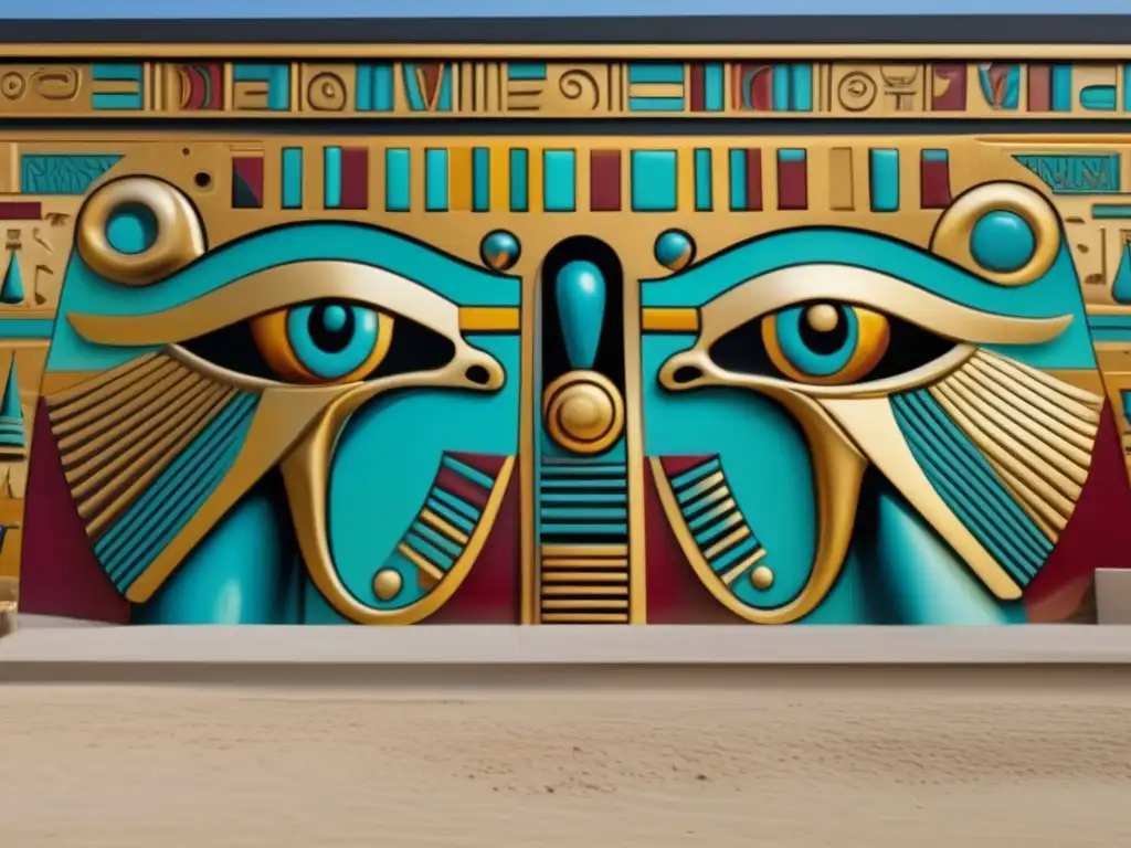 Una vibrante pintura mural egipcia adorna la galería de arte, fusionando pasado y presente con patrones intrincados y colores vivos