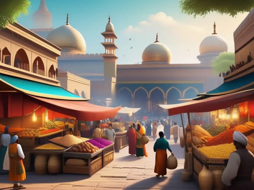 Vibrante plaza del antiguo imperio, con comerciantes de diferentes regiones exhibiendo sus bienes en puestos adornados