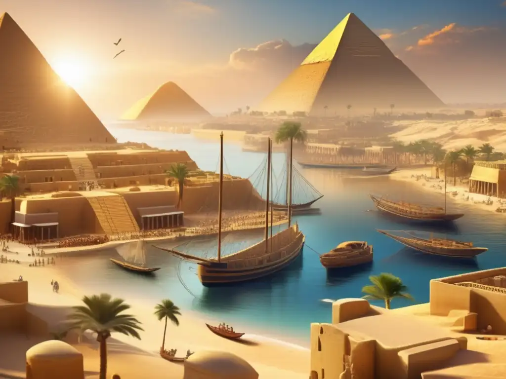 Un vibrante puerto egipcio en la época de la antigua civilización, muestra la tecnología náutica egipcia para comercio en su esplendor